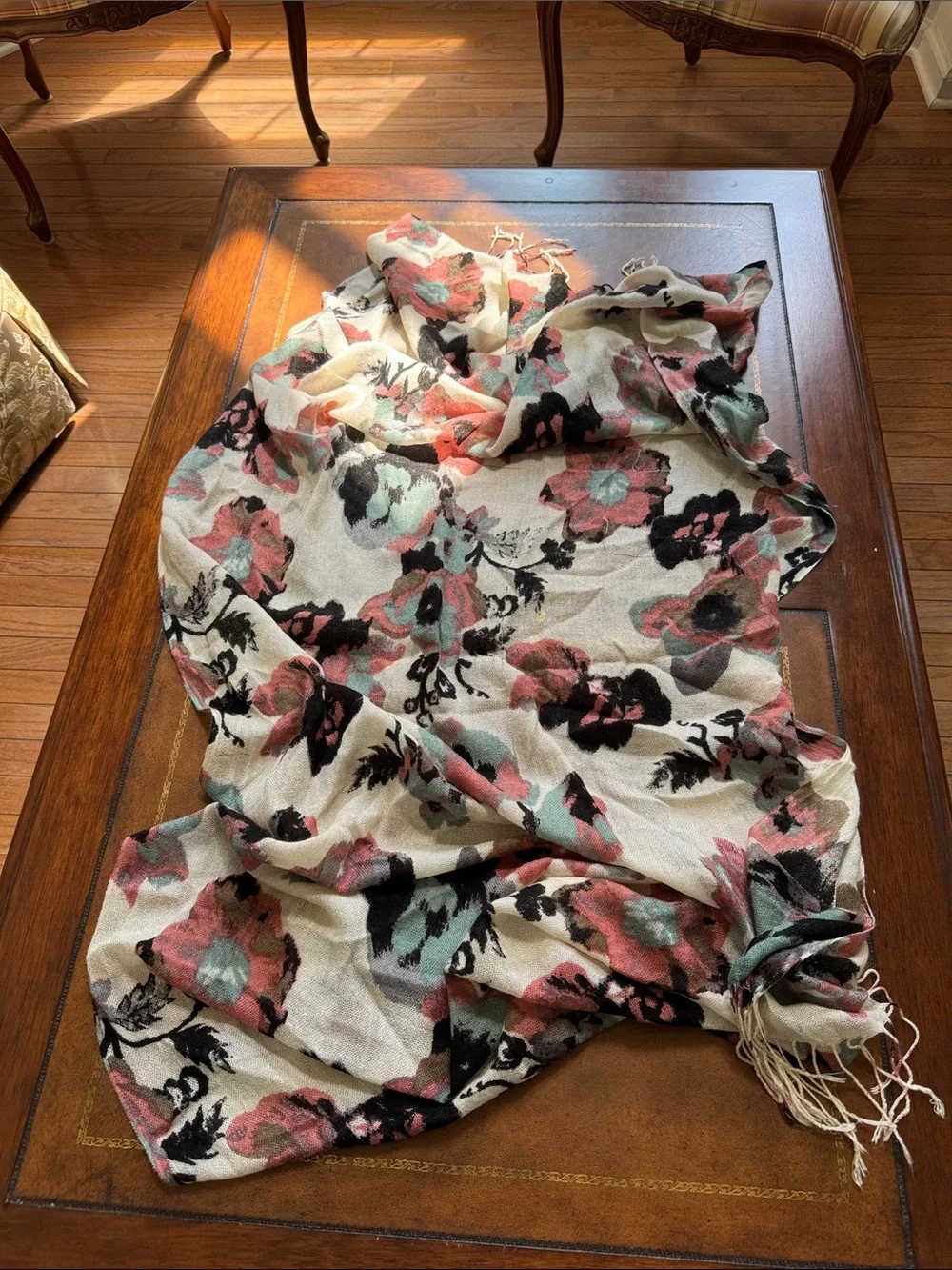 Floral Fringe Oblong Scarf in Cream and Rose, purchased at Nordstrom